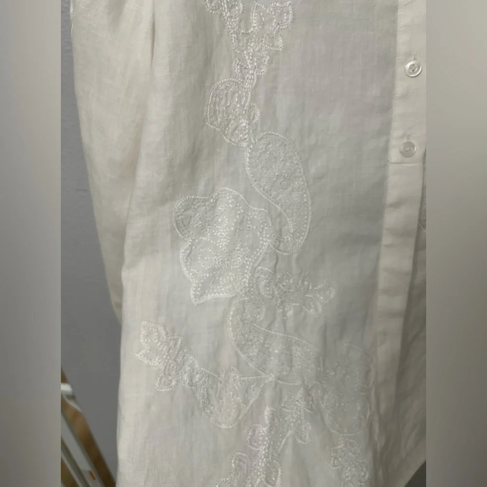 Liz Claiborne Linen Button Down Embroidered Cream Blouse Size M - Picture 7 of 11